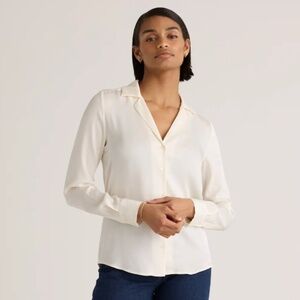 Quince Washable Stretch Ivory Silk Notch Collar Blouse - size M